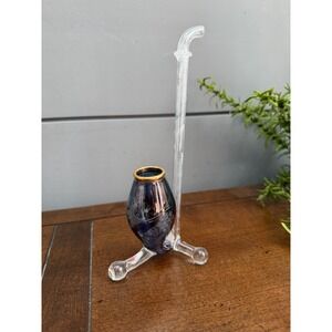 Czech Bohemian Mose brandy Sipper Pipe Glass  Etched Stag Blue Cut Clear Gilded